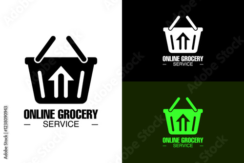 grocery basket with an upload arrow, abstract, silhouette, superstore, supermarket, mart, delivery service, online grocery, farmers market, butcher market, vector, logo