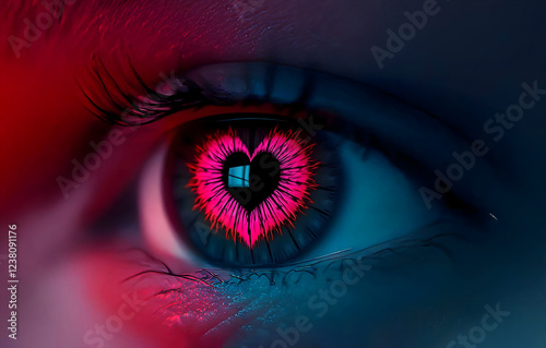 Love in the eye illustration. Close-up of a blue eye, adorned with a vibrant pink heart-shaped reflection, showcasing the intricate beauty and power of love and emotions. 