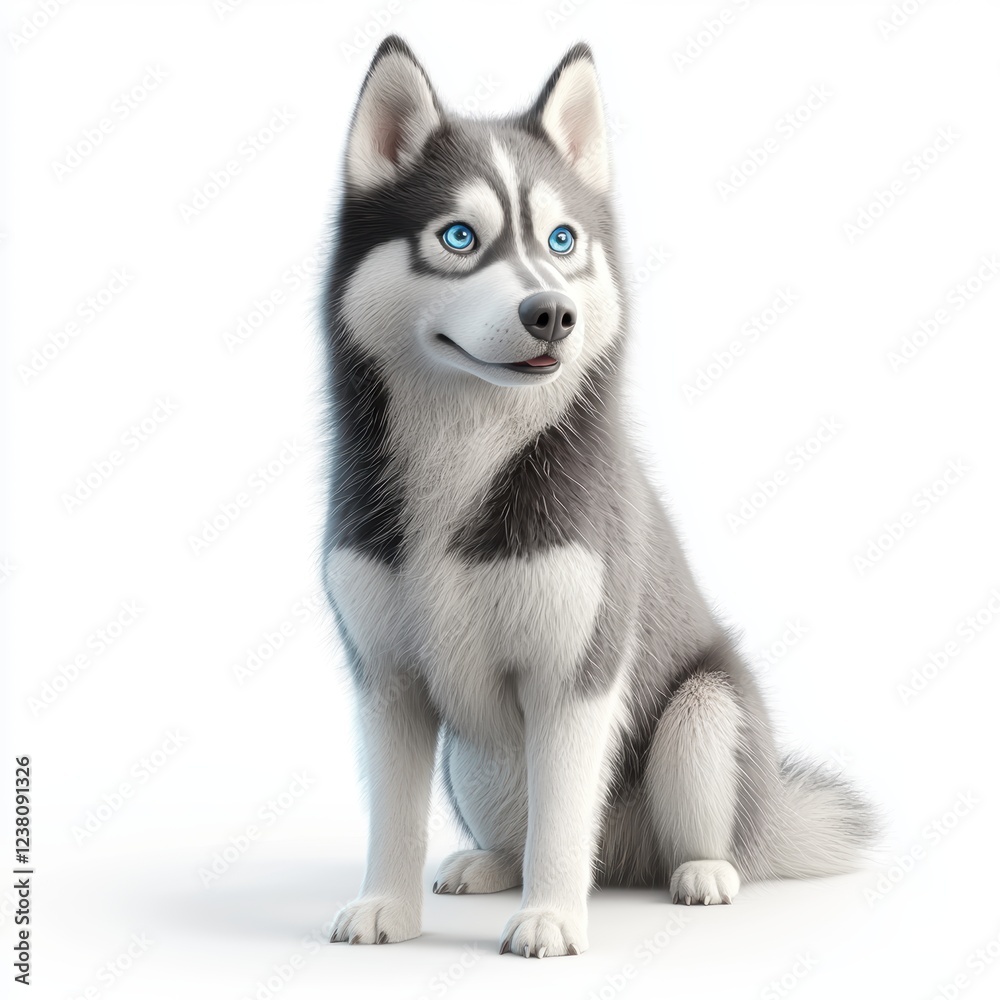 Siberian Husky with bright blue eyes and a thick fluffy coat, isolated on a clean white background Siberian Husky with bright blue eyes and a thick fluffy coat, isolated on a clean white background