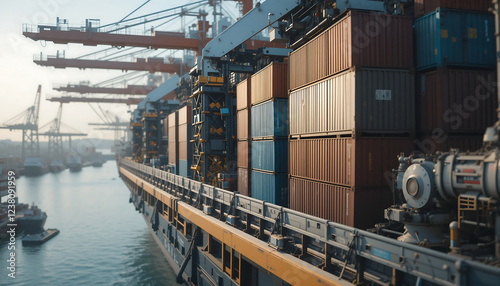 Ship utilizing robotic arms to manage cargo in industrial harbor