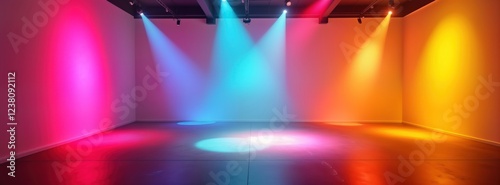 Empty room lit by colorful spotlights casting vibrant shadows on floor. Powerful beams of light create dramatic effect. Neon glow in rich Peruvian colors lights up space, ideal for showroom display photo