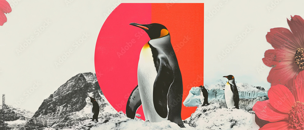 Fototapeta Minimalist collage featuring a penguin on ice amidst geometric shapes and flowers