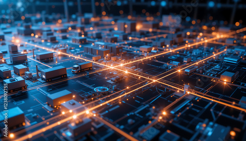 Futuristic 3D holographic map of glowing supply chain paths and warehouses