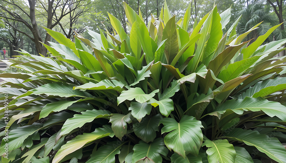 A collection of vibrant, green tropical leaves flourishing in a peaceful park setting.