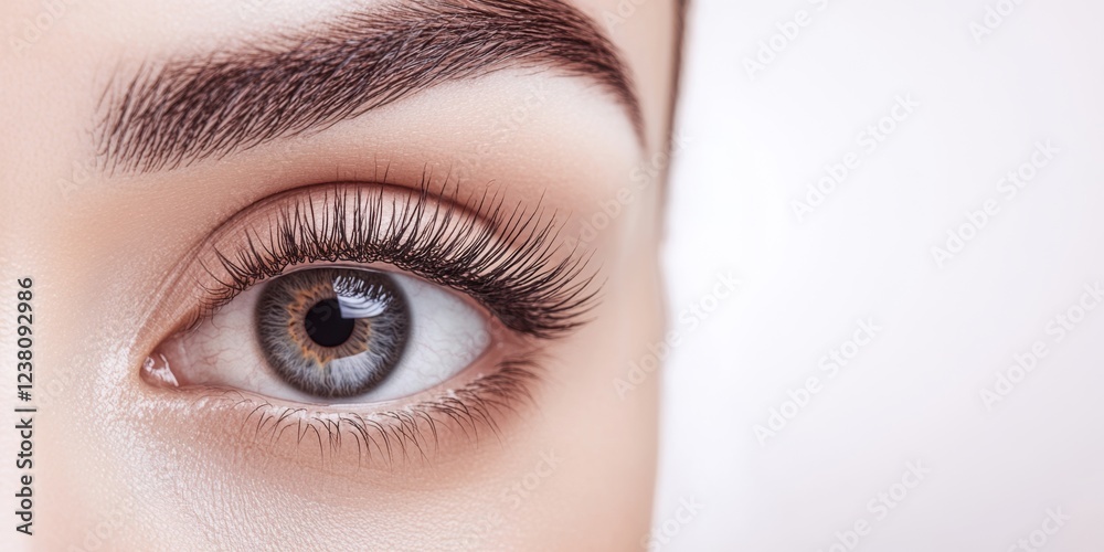 Obraz premium Close-Up Portrait of Young Woman's Beautiful Eye, Perfect Smooth Skin, Perfectly Shaped Eyebrow and Luscious Long Lashes. Beauty Products, Cosmetics, Make-Up. Advertisement of Eco Treatment, Skin Care