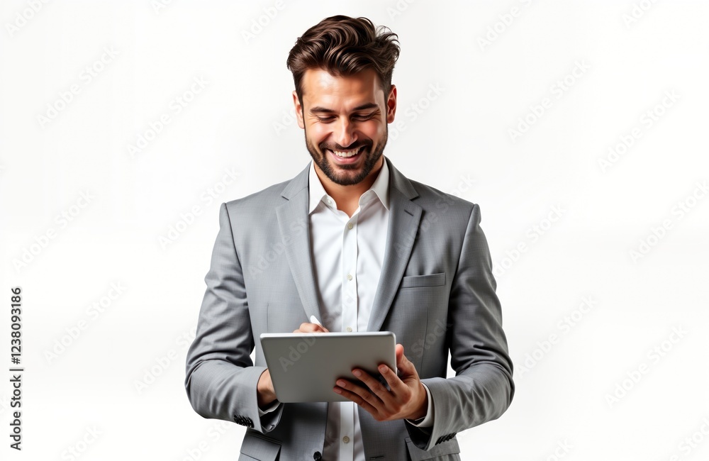 Attractive man in suit working on tablet. Smiling, looking at tablet screen. Modern, confident business person using tech. Appears happy, pro. Businessman working in pro setting. Stylish person at Attractive man in suit working on tablet. Smiling, looking at tablet screen. Modern, confident business person using tech. Appears happy, pro. Businessman working in pro setting. Stylish person at