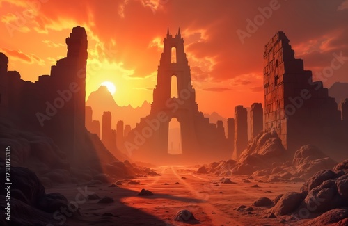Sun sets over desolate ruins of forgotten city in barren desert wasteland. Ancient stone structures stand in ruins amidst cracked earth, scattered debris. Empty spaces show city abandoned long ago in