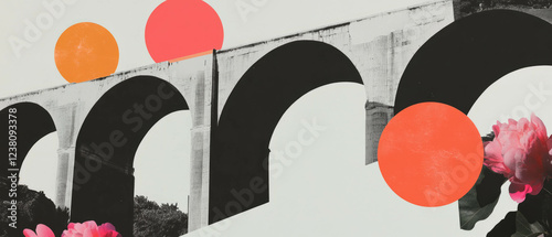 Minimalist collage featuring geometric shapes and a bridge with arches on a white background