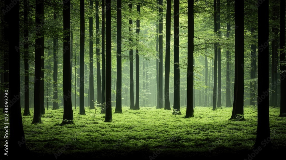 Fototapeta premium Misty forest, green moss, sunlight, trees, nature, tranquil scene, wallpaper
