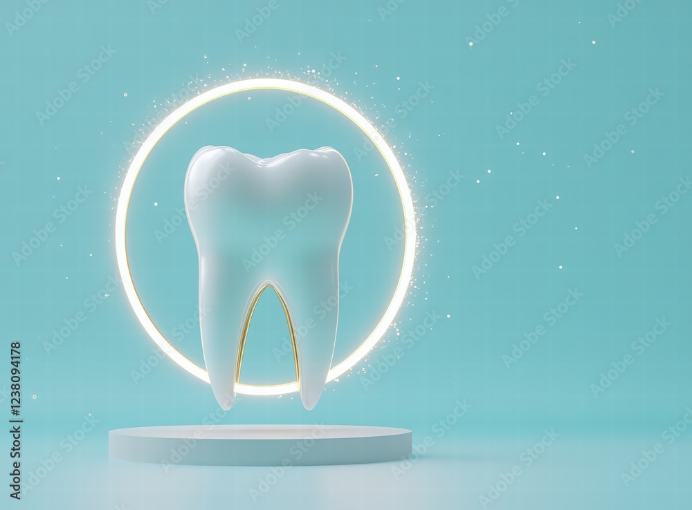 White tooth on a light blue background with a white spiral of sparkles. 3D white tooth with a glittering circle. concept for dental treatment advertising or graphic design of teeth whitening products White tooth on a light blue background with a white spiral of sparkles. 3D white tooth with a glittering circle. concept for dental treatment advertising or graphic design of teeth whitening products