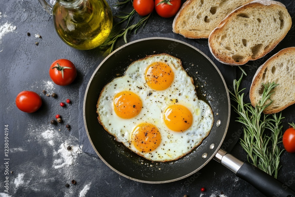 Fried Eggs in Frying Pan on a Black Concrete Table Surface with Cherry Tomatoes, Salt, Pepper and Rosemary. Top view. Healthy breakfast. Fried egg cooking in a cast iron skillet seasoned with herbs Fried Eggs in Frying Pan on a Black Concrete Table Surface with Cherry Tomatoes, Salt, Pepper and Rosemary. Top view. Healthy breakfast. Fried egg cooking in a cast iron skillet seasoned with herbs