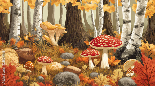 Autumn forest banner with mushrooms. Sketched russule and morchella, penny bun or cep, porcini, boletus, birch and red-capped edible fungus, chantrelle or girolle. Vegetarian cafe or restaurant