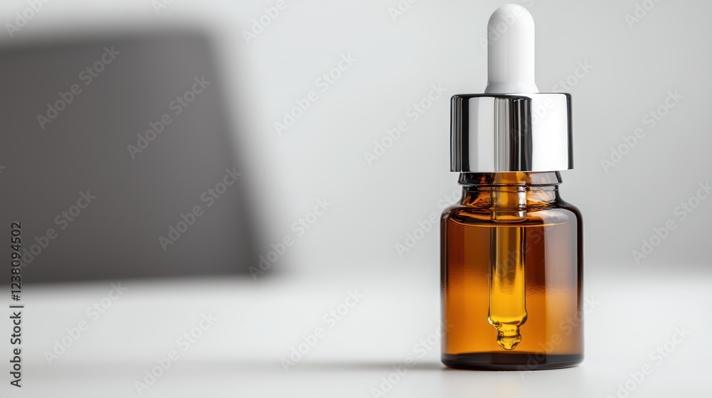 A close-up of a glass dropper bottle filled with amber liquid, typically used for oils. A close-up of a glass dropper bottle filled with amber liquid, typically used for oils.