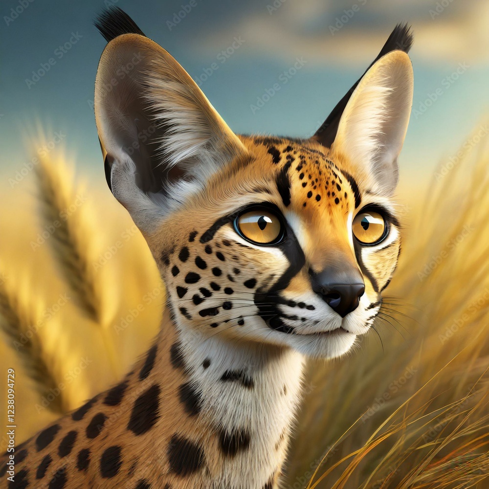 Portrait of a serval with the savannah in the background Portrait of a serval with the savannah in the background