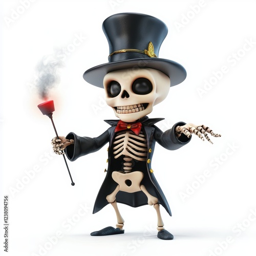 skeleton wearing a magicianâ???s outfit with a top hat and magic wand, performing a trick, isolated on a bright white background photo