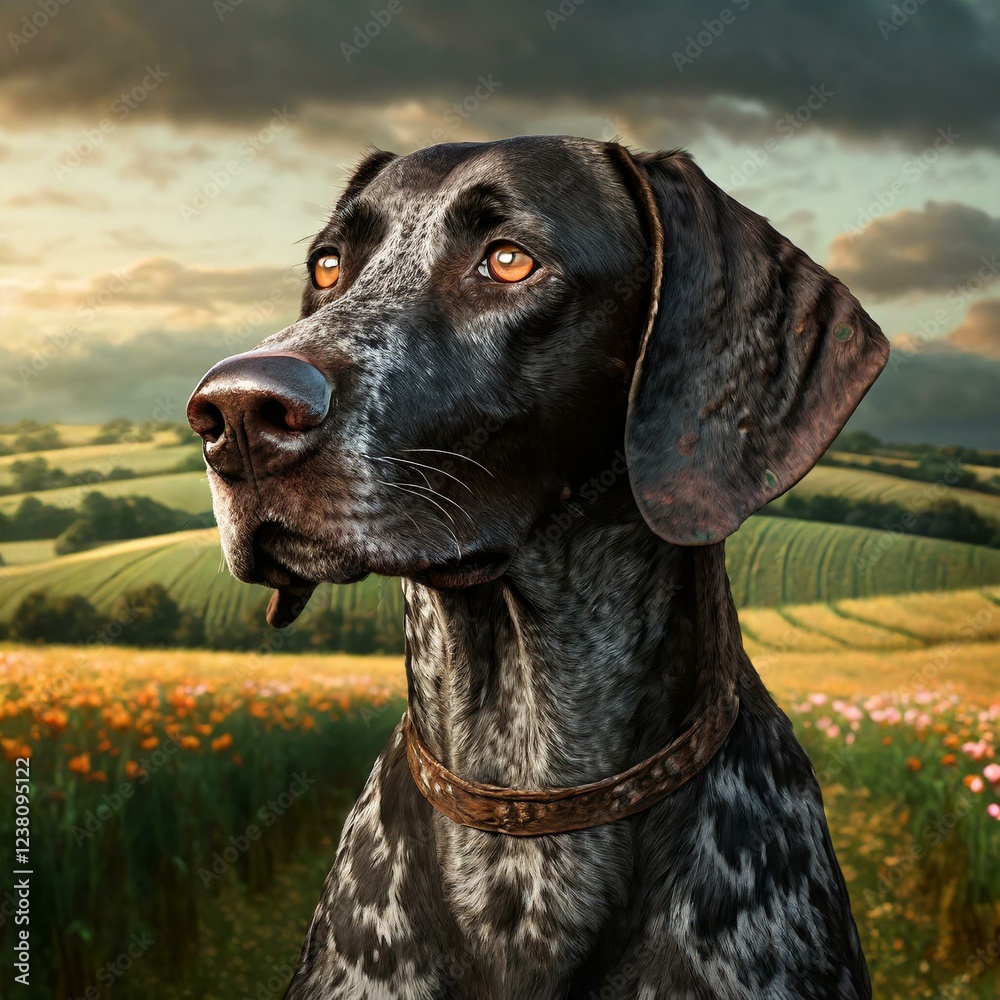 Portrait of a German Pointer with the countryside in the background Portrait of a German Pointer with the countryside in the background