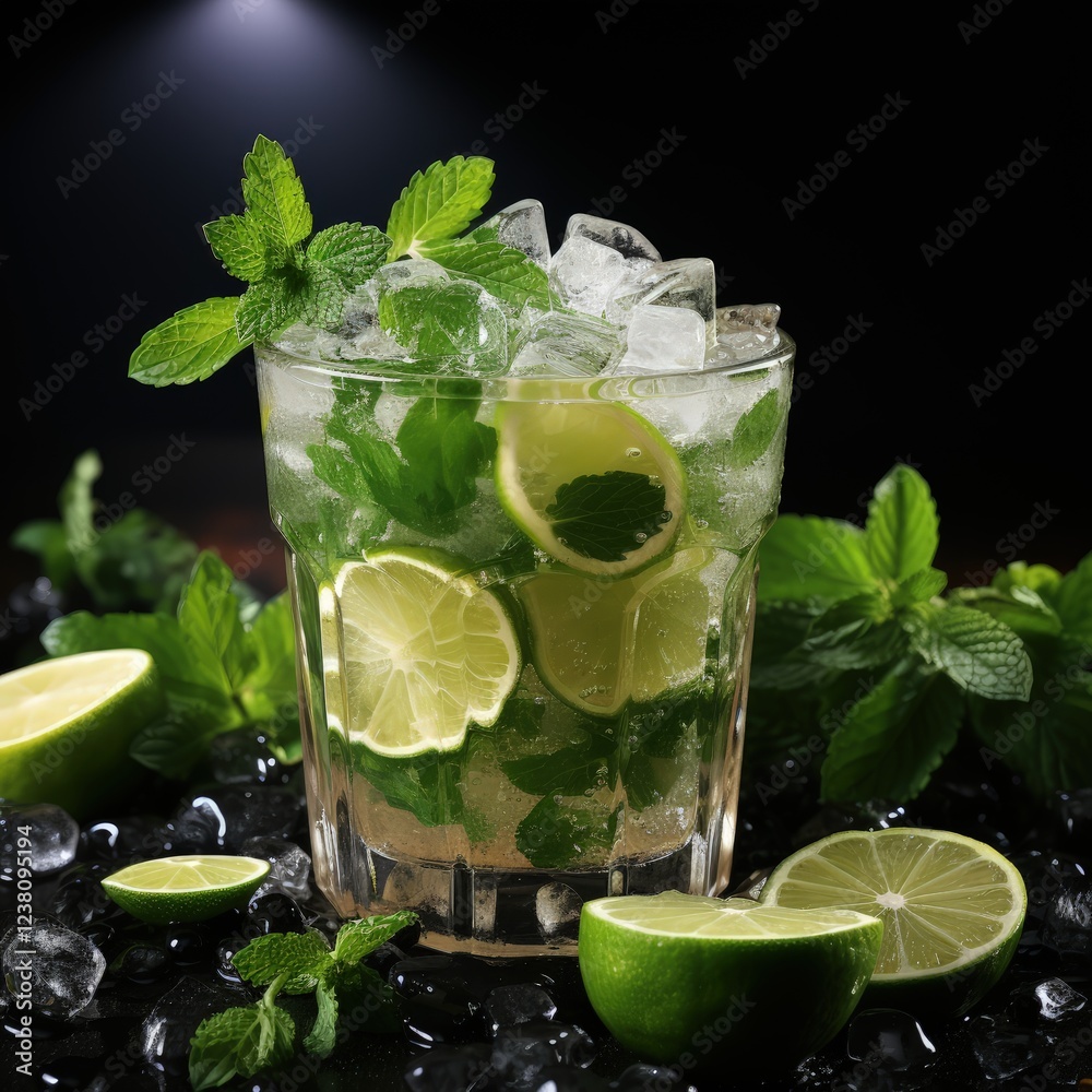 Classic Refreshing Mojito Cocktail with Lime, Mint, and Ice Cubes Classic Refreshing Mojito Cocktail with Lime, Mint, and Ice Cubes