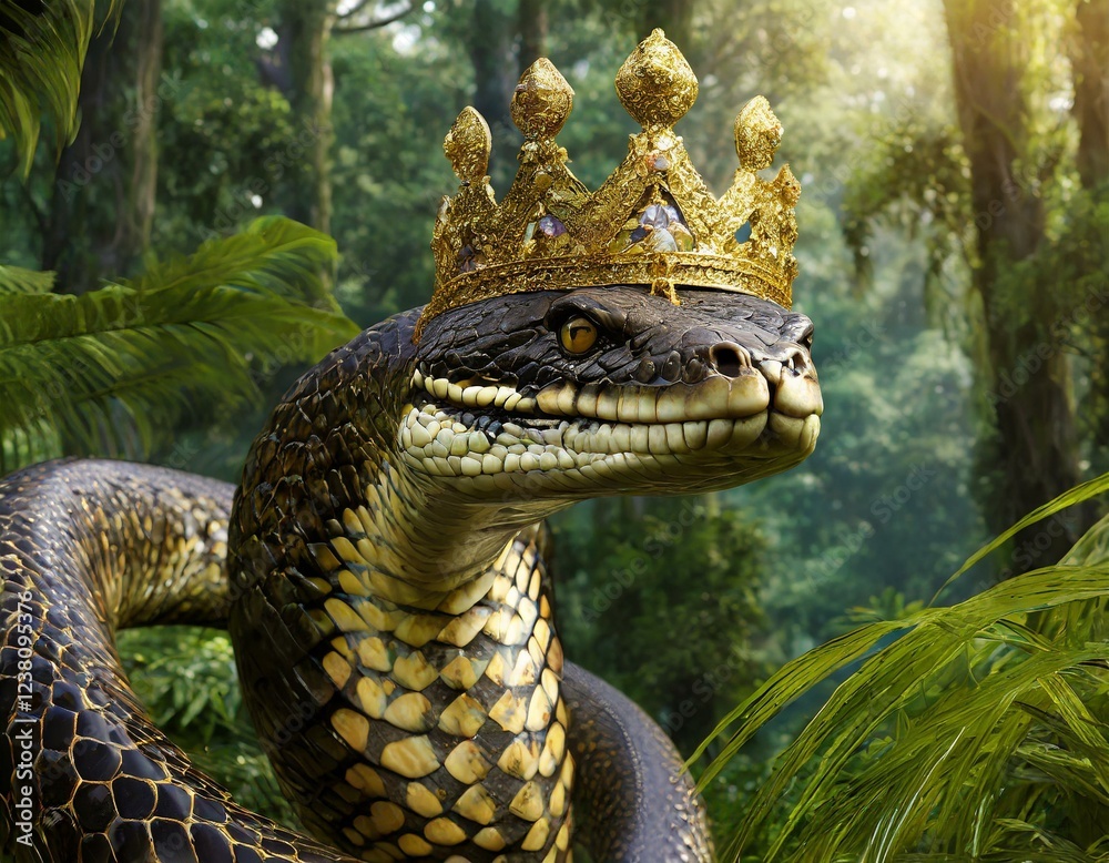 Fototapeta premium Portrait of a large snake with crown and the rainforest in the background