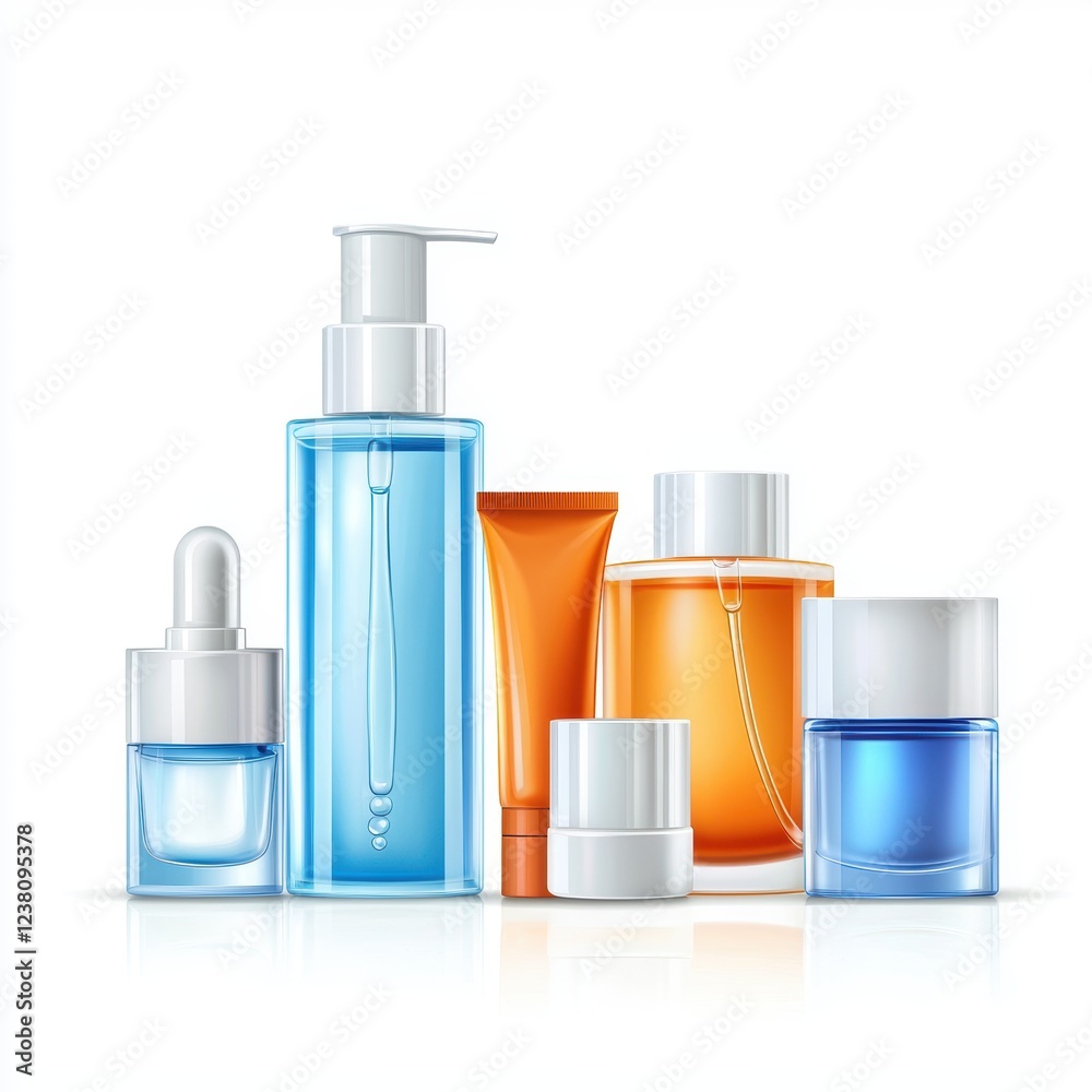 skincare set with facial cream, toner, and serum bottles, placed on a bright white background skincare set with facial cream, toner, and serum bottles, placed on a bright white background