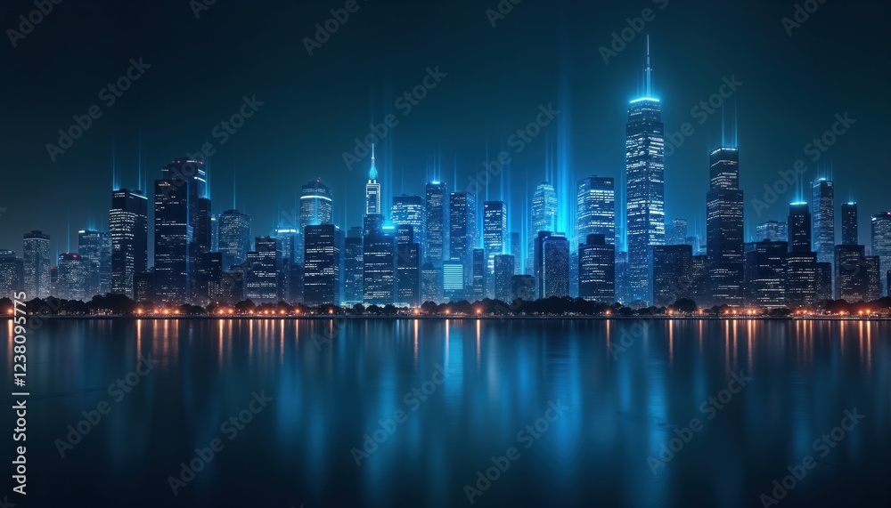 Futuristic city skyline at night. Tall buildings glow with bright blue light. Lines of light connect skyscrapers reflecting on calm water. Modern urban tech landscape. Advanced cityscape design with Futuristic city skyline at night. Tall buildings glow with bright blue light. Lines of light connect skyscrapers reflecting on calm water. Modern urban tech landscape. Advanced cityscape design with