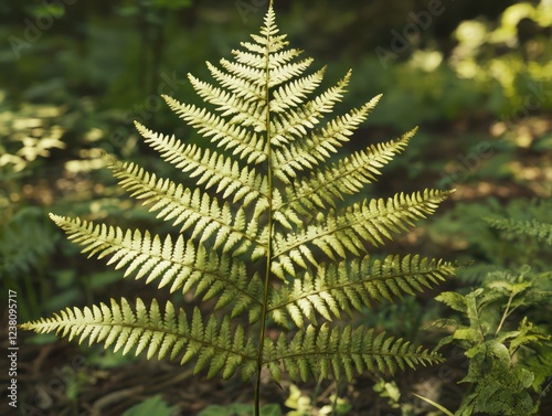 Close-up of a fern leaf with intricate details in a shaded forest photo