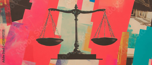 Minimalistic mixed media collage depicting business ethics with scales and courtroom elements