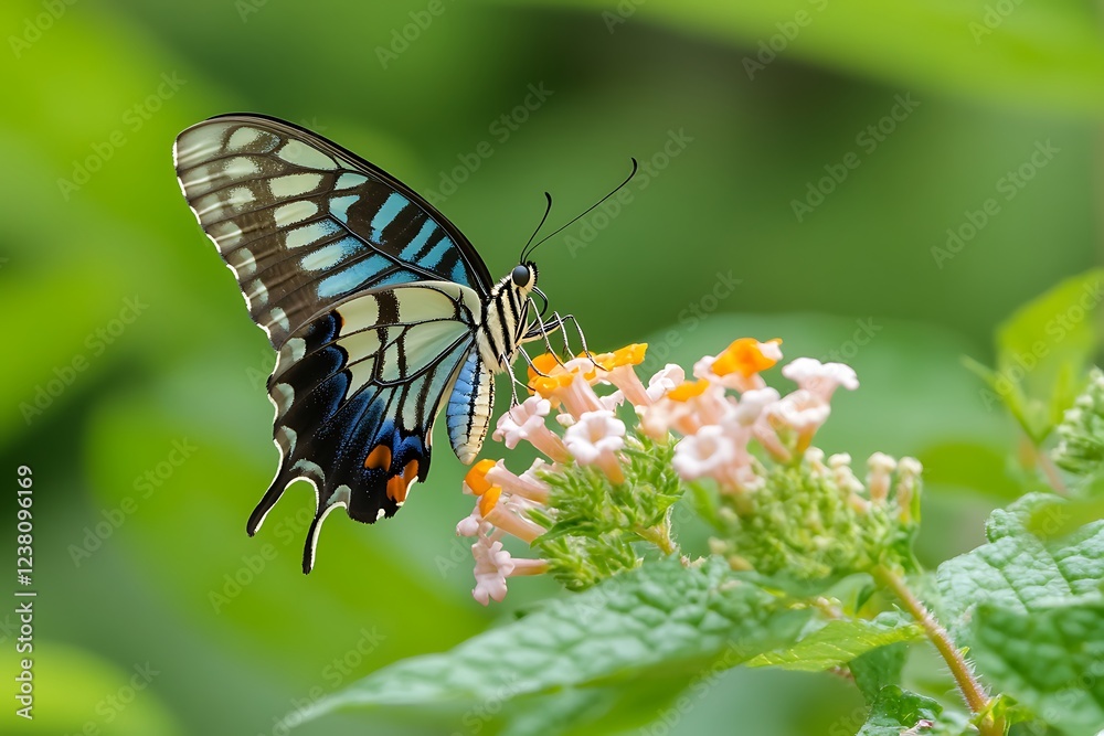 Obraz premium A Blue Tiger butterfly on a lush lantana, the tiny flowers a perfect backdrop for its striking wings.