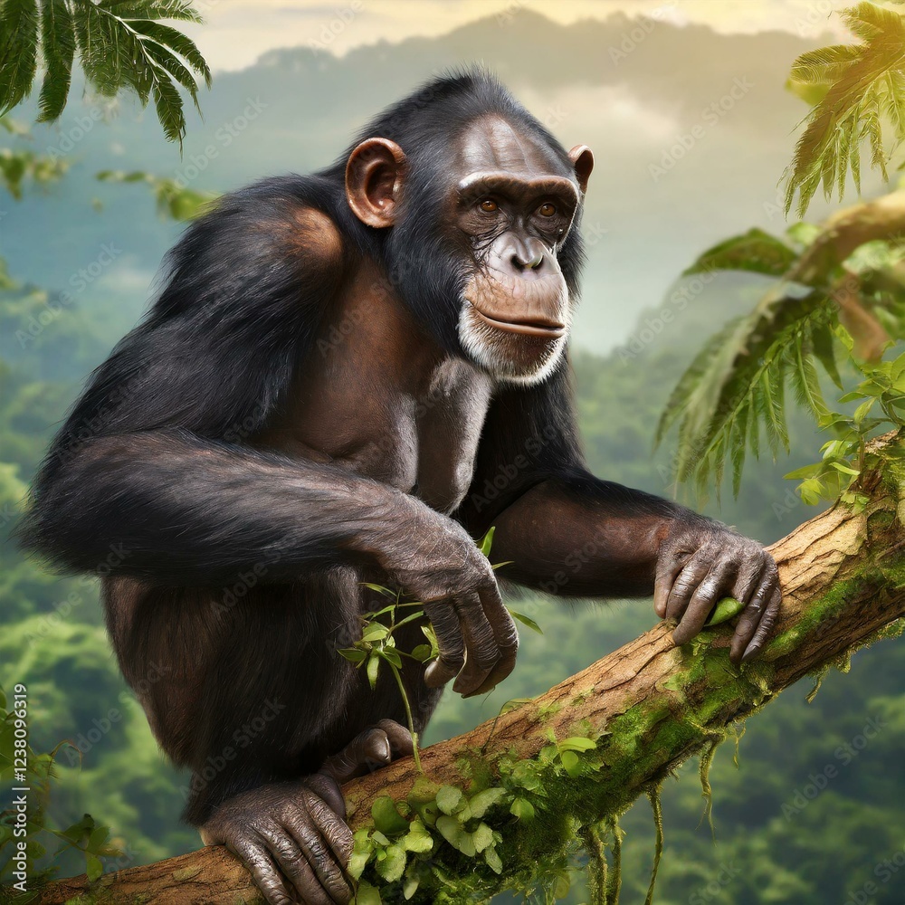 Portrait of a chimpanzee sitting on a tree branch in the rainforest Portrait of a chimpanzee sitting on a tree branch in the rainforest