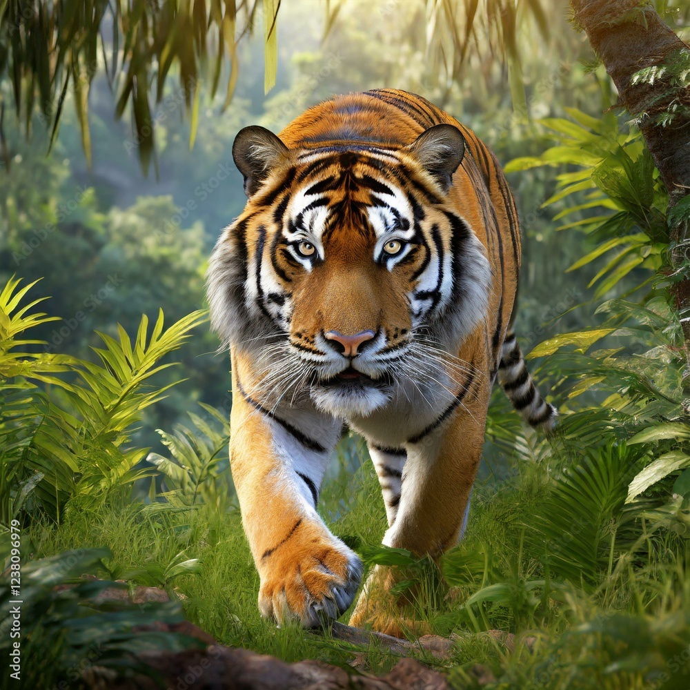 Fototapeta premium Portrait of a tiger walking in the rainforest