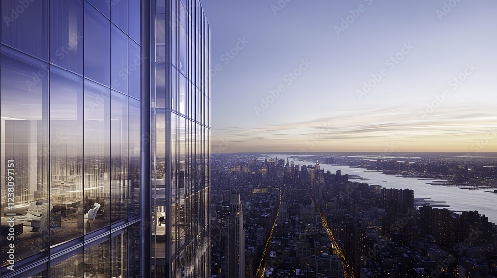 Obraz premium A towering glass skyscraper stands amidst a bustling cityscape, bathed in golden hour light, evoking urban elegance and modern grandeur