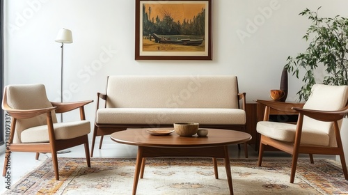 Mid-Century Modern Living Room Interior with Wooden Furniture and Beige Upholstery
