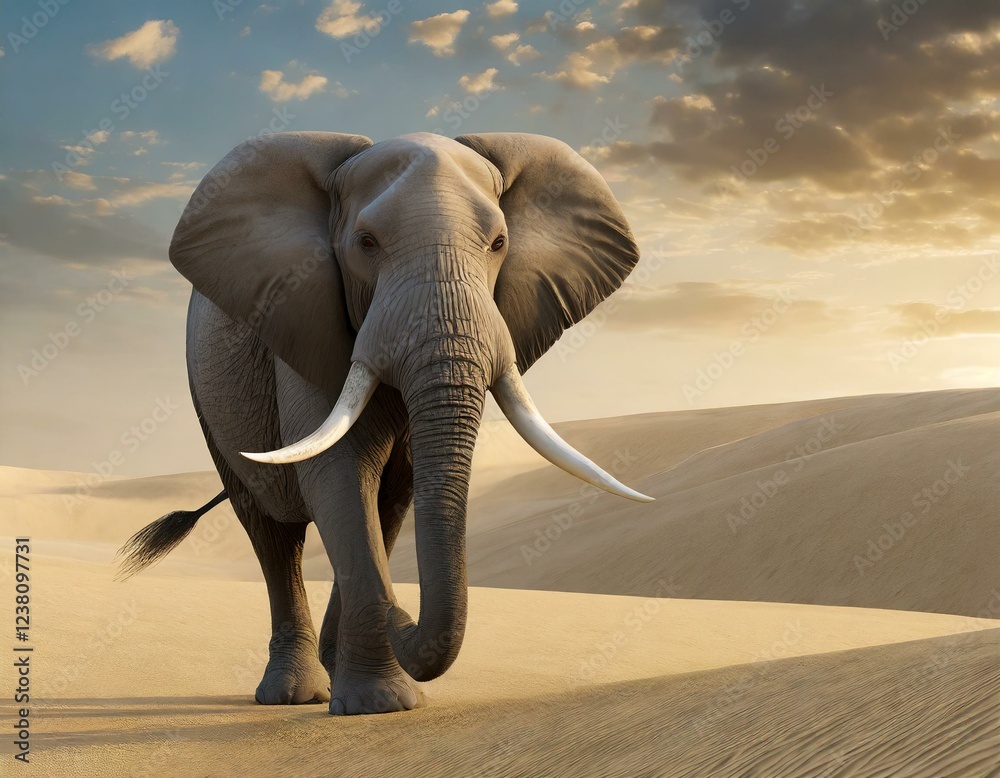 Obraz premium An African elephant is walking through the desert dunes in Southern Africa