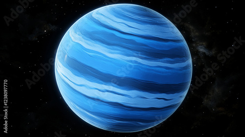 Blue space planet with atmosphere and layers. Game UI comic planet cartoon vector icon with water ocean or gas clouds waves. Alien galaxy fantastic world, fantasy moon or space artificial planet photo