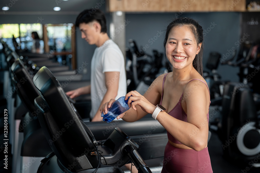 Cheerful Asian woman in sportswear is opening a bottle of water on a treadmill, working out at a gym Cheerful Asian woman in sportswear is opening a bottle of water on a treadmill, working out at a gym