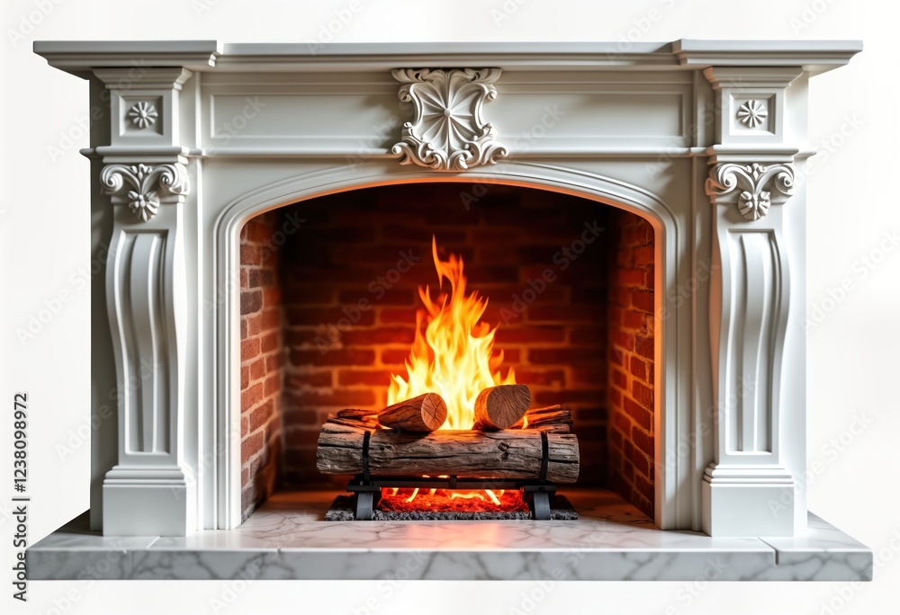 White fireplace with decorative carvings, warm fire. Gentle flames dance among logs in brick fireplace. Elegant home decor. Interior design focal point. Classical architecture style. Stylish, cosy White fireplace with decorative carvings, warm fire. Gentle flames dance among logs in brick fireplace. Elegant home decor. Interior design focal point. Classical architecture style. Stylish, cosy