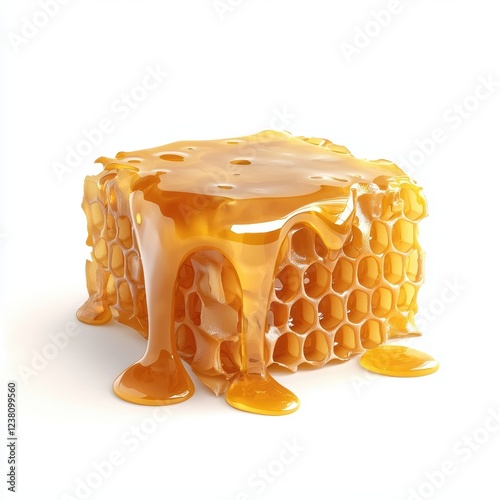 small honeycomb piece dripping with honey, placed on a white background