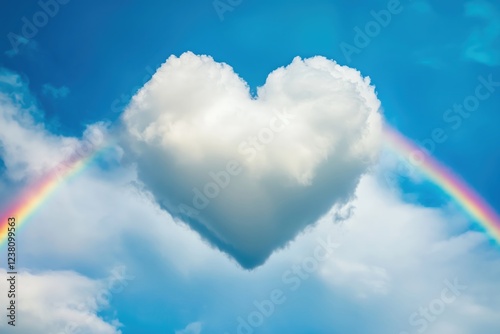 A heart-shaped cloud floating against a vibrant blue sky with a radiant rainbow arching on either side, symbolizing love, joy, and positivity