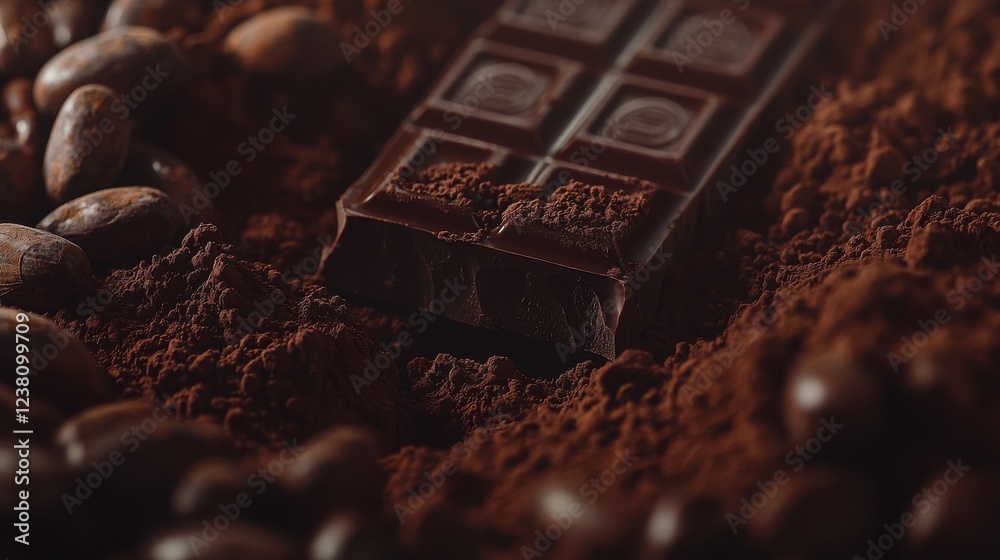 Dark Chocolate Bar Surrounded by Cocoa Powder and Coffee Beans, Evoking Rich Flavor and Gourmet Delight in a Tempting Close-Up Presentation Dark Chocolate Bar Surrounded by Cocoa Powder and Coffee Beans, Evoking Rich Flavor and Gourmet Delight in a Tempting Close-Up Presentation
