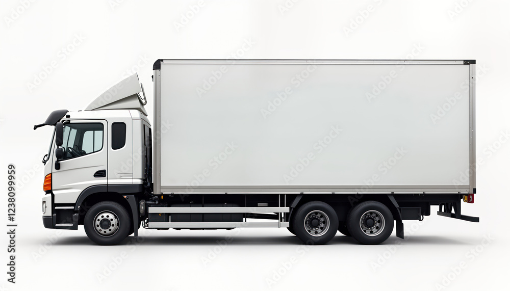 Blank white truck. Modern transportation. Empty cargo area. Commercial vehicle. Logistics business. Freight. Industrial. Template for branding. Mockup illustration. Side profile. Isolated on white