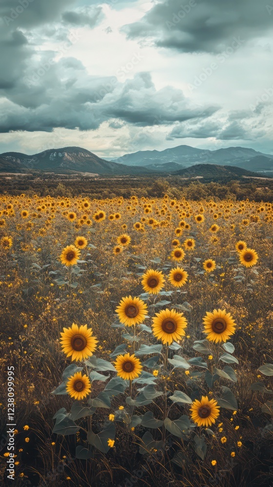Obraz premium Golden sunflowers under soft cloudy skies in a vast field setting