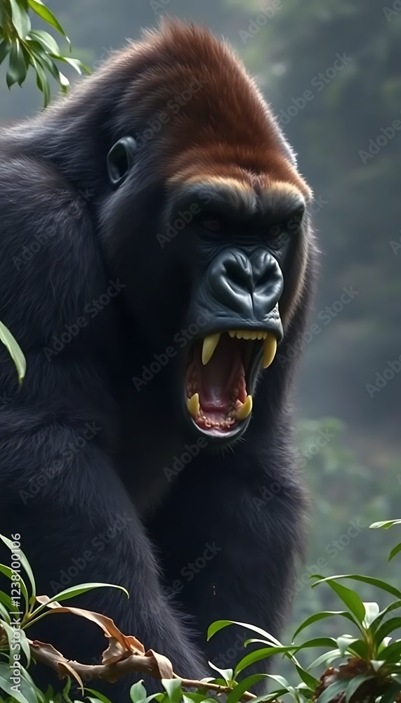 Fototapeta premium Large Or Big Silverback Black Gorilla Angry Powerful Animal Roaring Jungle Wildlife Nature