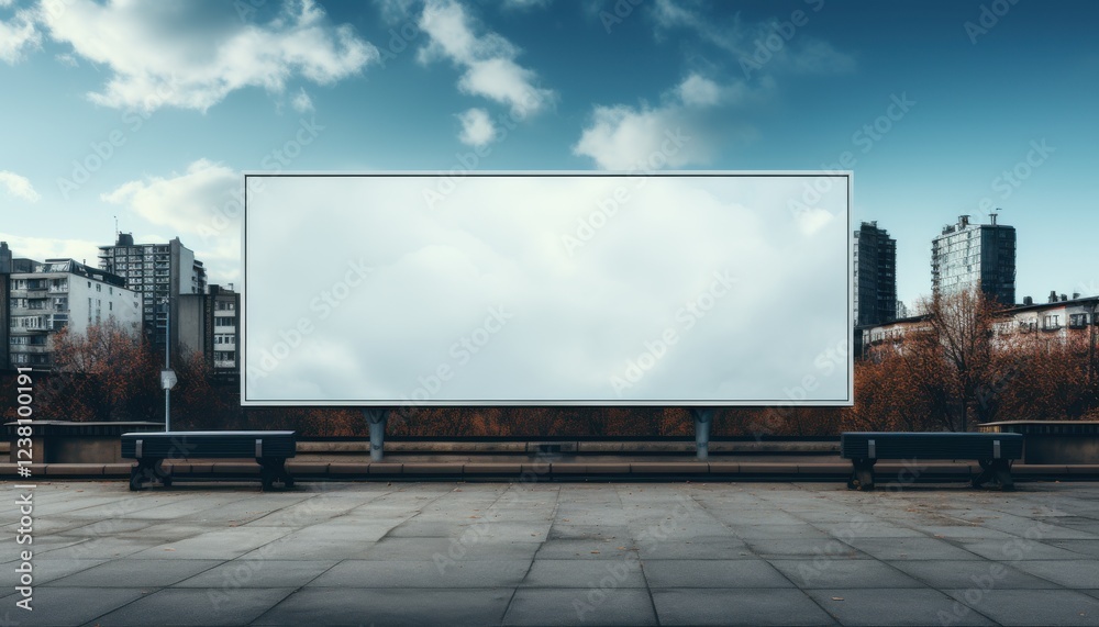 A large white billboard sits in front of a city skyline A large white billboard sits in front of a city skyline