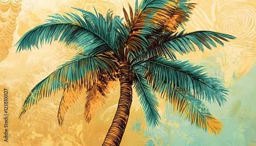 A stylized teal and gold palm tree on a textured background