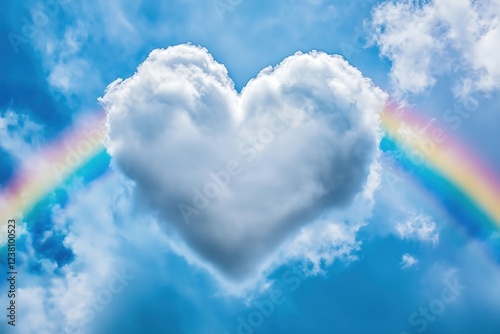 A heart-shaped cloud in a vibrant blue sky with a vivid rainbow arching around it, evoking feelings of love, hope, and serenity