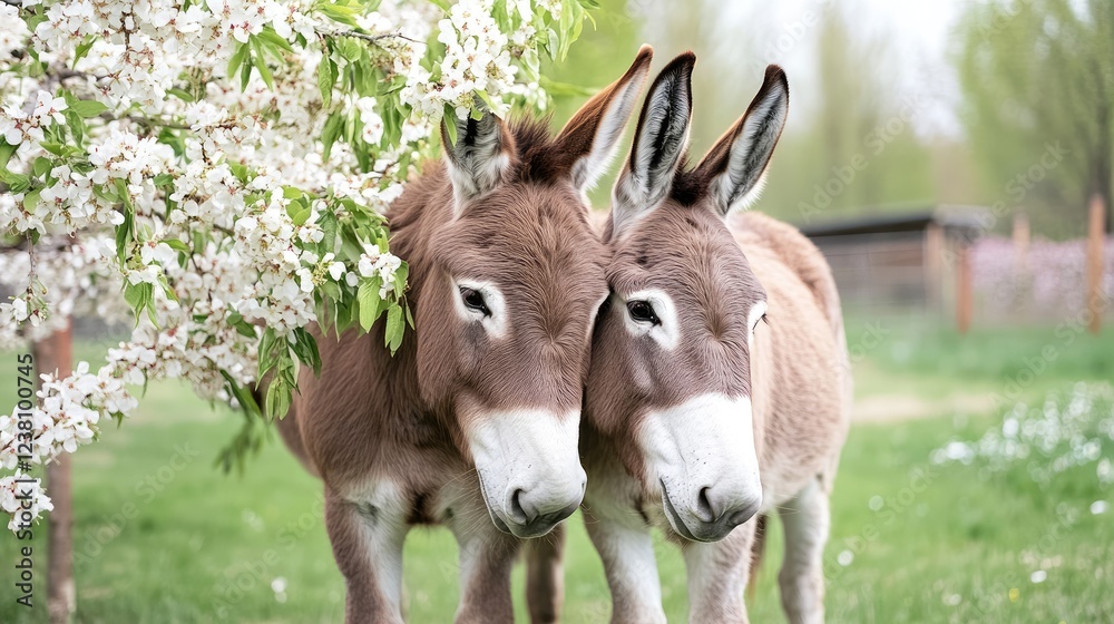 Brown donkeys enjoy grazing among vibrant green grass surrounded by blossoming almond trees in spring's warm embrace Brown donkeys enjoy grazing among vibrant green grass surrounded by blossoming almond trees in spring's warm embrace