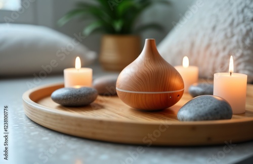 Wooden diffuser tray holds burning candles, stones. Relaxing aroma diffuser, candles. Natural organic fragrance concept. Cozy home interior for relaxation, meditation. Full moon ritual. Home wellness photo