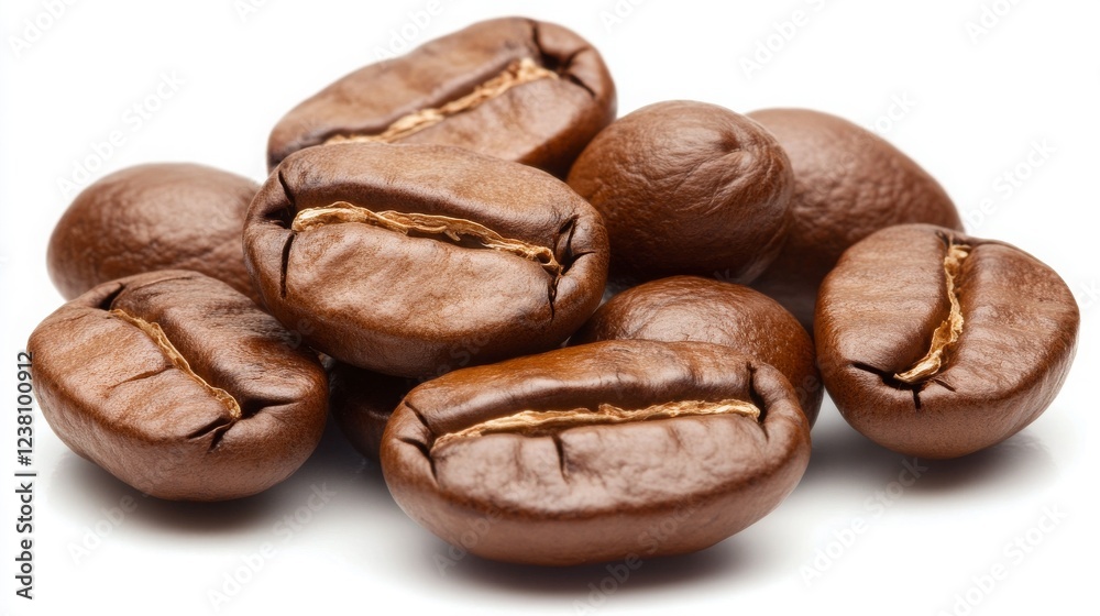 Naklejka premium Freshly Roasted Coffee Beans on a White Background with Rich Texture and Natural Glimmer Showcasing the Quality and Aroma Perfect for Coffee Lovers and Enthusiasts