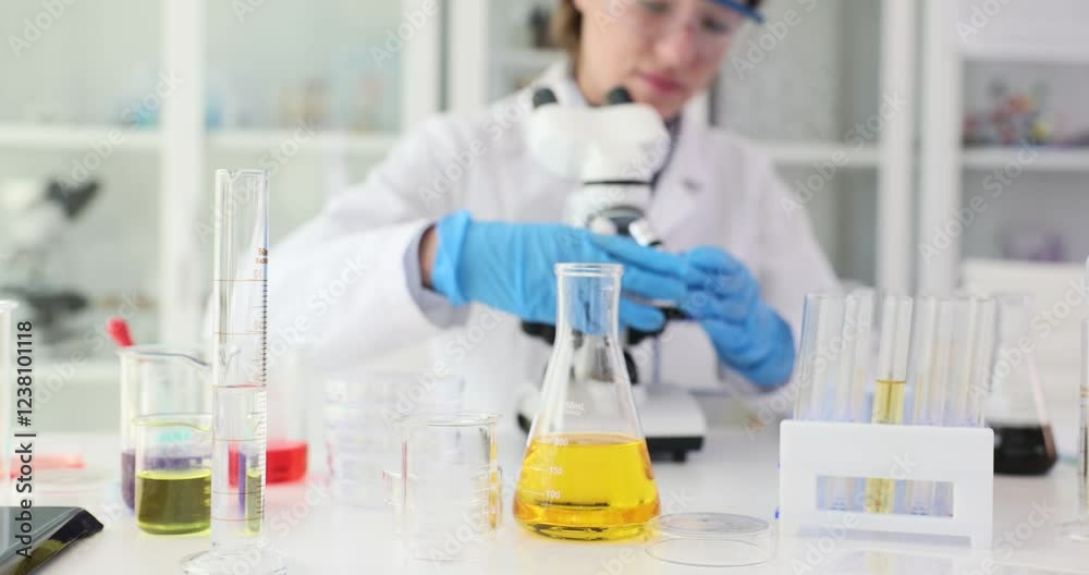 Woman scientist conducts experiments looking in microscope in lab. Yellow liquid in Erlenmeyer flask and various flasks on laboratory desk Woman scientist conducts experiments looking in microscope in lab. Yellow liquid in Erlenmeyer flask and various flasks on laboratory desk