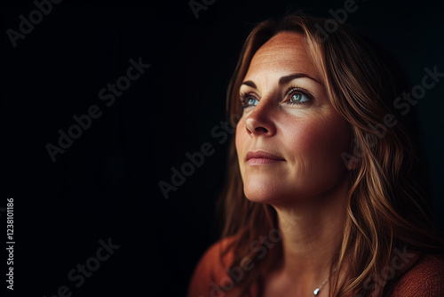 Thoughtful close-up portrait of a serene woman looking upwards against a dark background, emphasizing natural beauty, hope, and confidence. Perfect for editorial or commercial projects