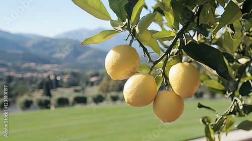 Ripe lemons hang from a vibrant lemon tree, surrounded by a lush background, highlighting a fruitful harvest in bright sunlight photo